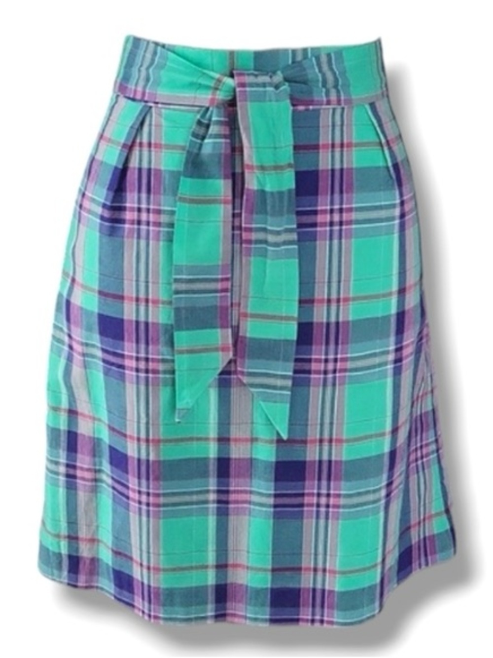 Brooks Brothers Teal, Purple and Pink Plaid A-Line Skirt with Tie Waist Size 12